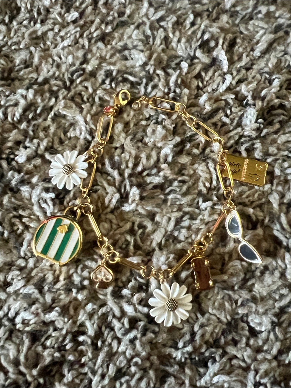 kate spade Gold-Tone Daisy & Enamel Charm Bracelet with Green Stripe Charm
